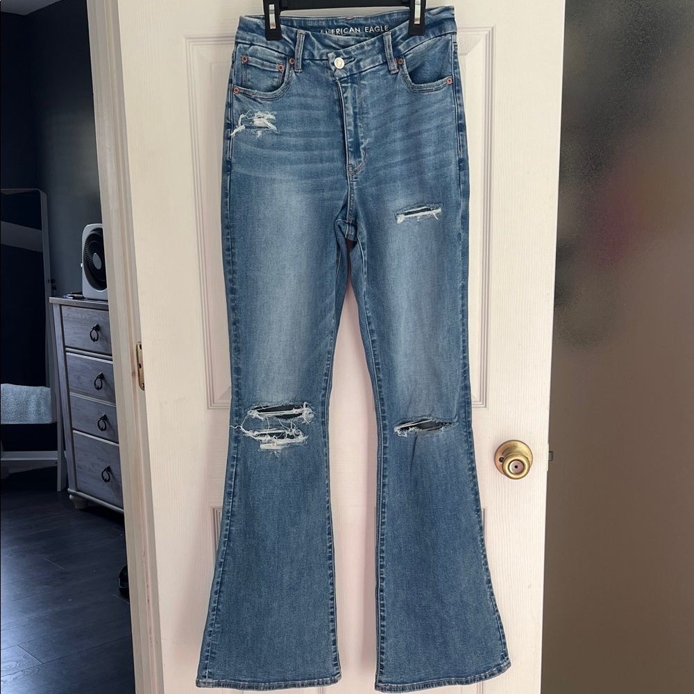 American Eagle Outfitters Women's Distressed Blue Flare Jeans